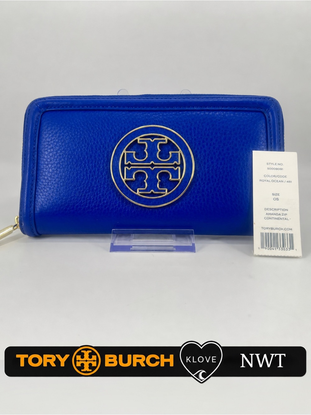 Tory Burch Amanda Royal Ocean Blue Pebbled Leather Zip Continental Wallet NWT